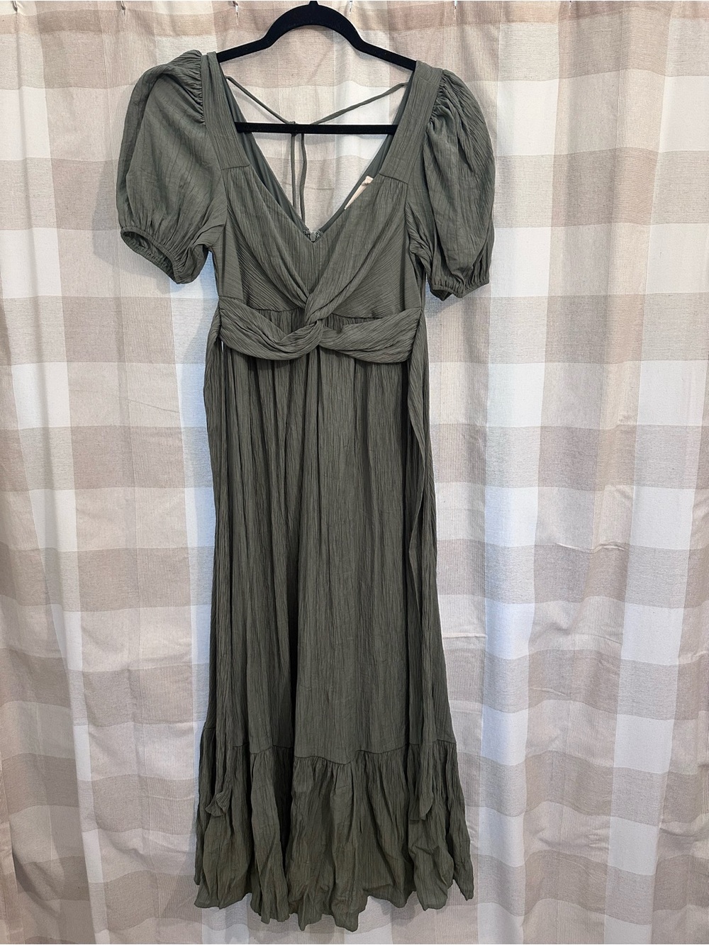 Twist-Front Olive Midi Dress with Puff Sleeves